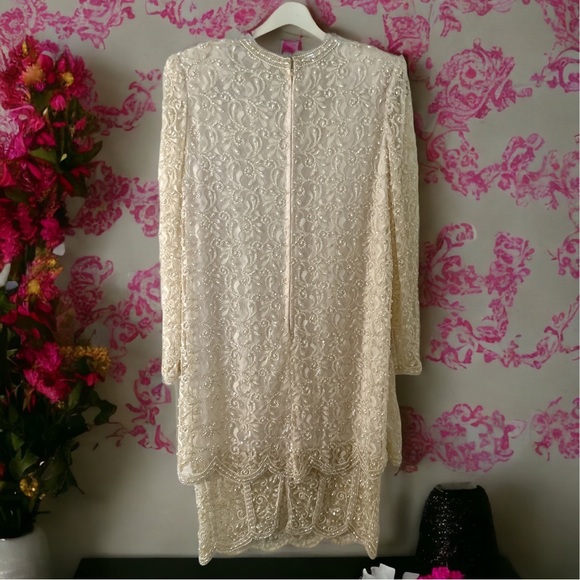 Vintage Neiman Marcus beaded sequin lace cream dress SZM - Picture 3 of 14
